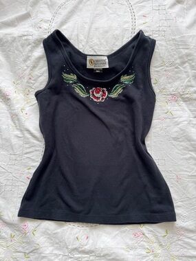 Christine Alexander Black Tank with Jeweled Rose and Winged Accents